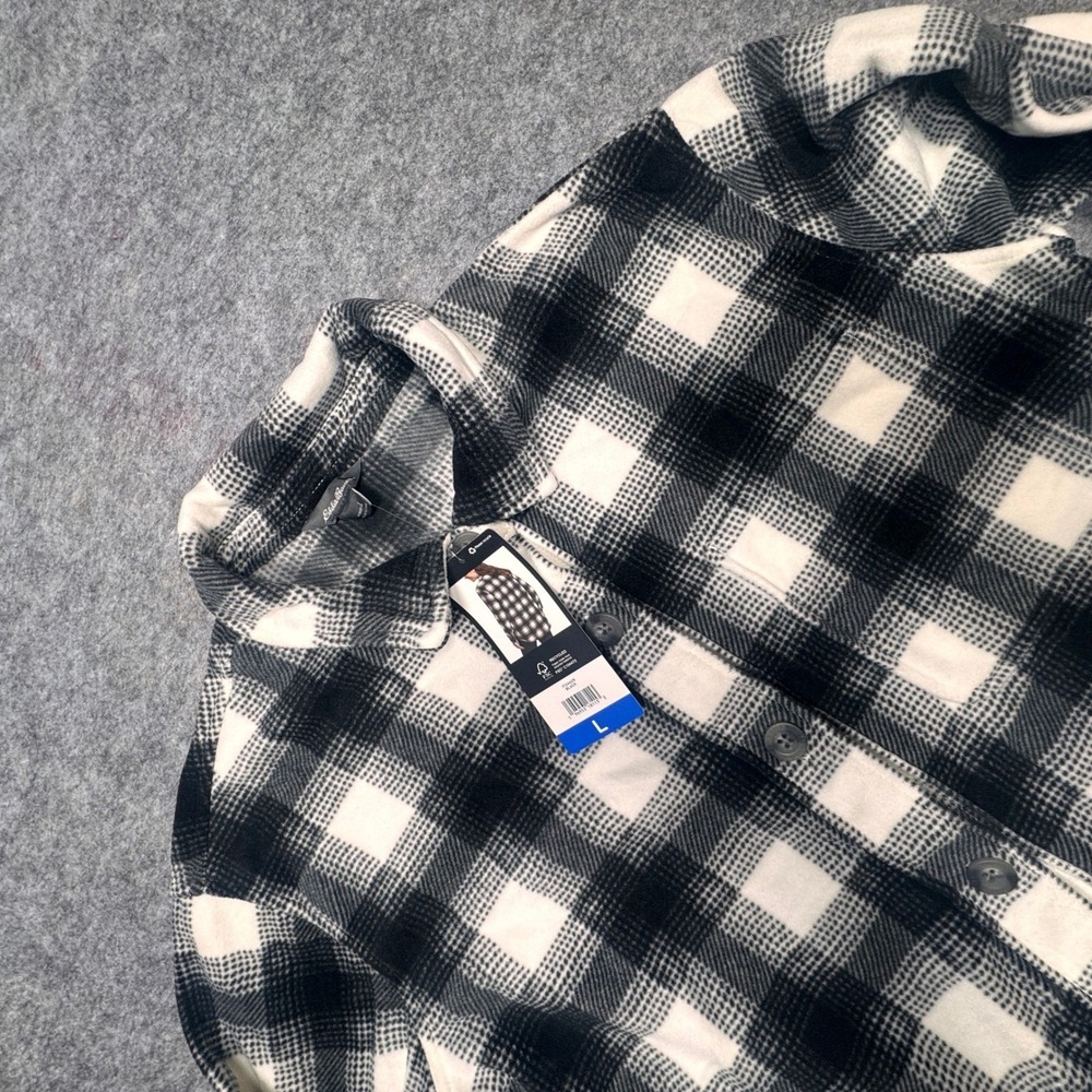 Eddie Bauer Womens Microfleece Button-Up Shirt Black White Plaid Large NEW